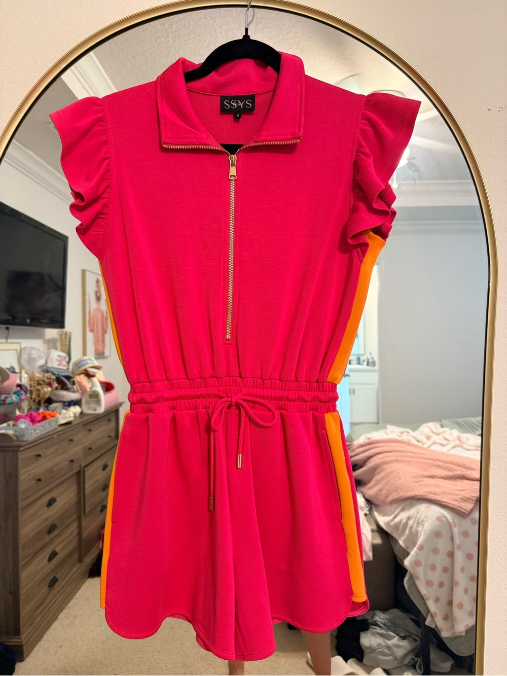 SSYS The Georgia Light Weight AirRuffle Shoulder Inset Stripe Romper In Pink - Picture 2 of 2